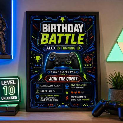 Editable Neon Glow Birthday Invitation Canva Template, Boys Teens Neon Cute Fun DIY Chic Kids Teen Party Invite, Printable Digital Download.