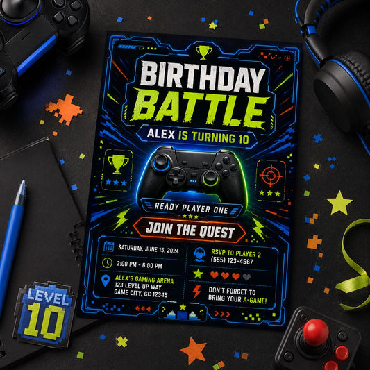 Editable Neon Glow Birthday Invitation Canva Template, Boys Teens Neon Cute Fun DIY Chic Kids Teen Party Invite, Printable Digital Download.