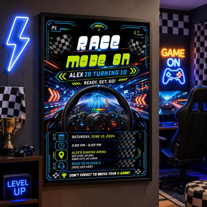 Editable Neon Glow Birthday Invitation Canva Template, Boys Teens Neon Cute Fun DIY Chic Kids Teen Party Invite, Printable Digital Download.