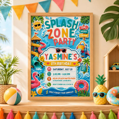 Editable Pool Birthday Invitation Canva Template, Boys Summer Cute Modern Fun Themed DIY Chic Kids Party Invite, Printable Digital Download.