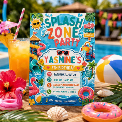 Editable Pool Birthday Invitation Canva Template, Boys Summer Cute Modern Fun Themed DIY Chic Kids Party Invite, Printable Digital Download.