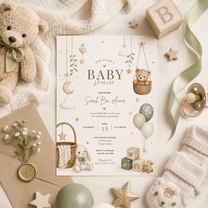 Editable Honey Bear Baby Shower Invitation Canva Template, Green Beige Boho Kids Bear Cute Fun DIY Party Invite, Printable Digital Download.