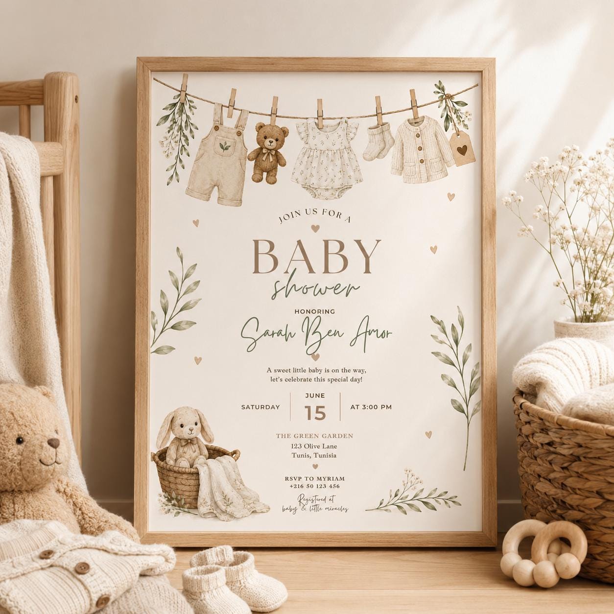 Editable Honey Bear Baby Shower Invitation Canva Template, Green Beige Boho Kids Bear Cute Fun DIY Party Invite, Printable Digital Download.