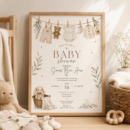 Editable Honey Bear Baby Shower Invitation Canva Template, Green Beige Boho Kids Bear Cute Fun DIY Party Invite, Printable Digital Download.