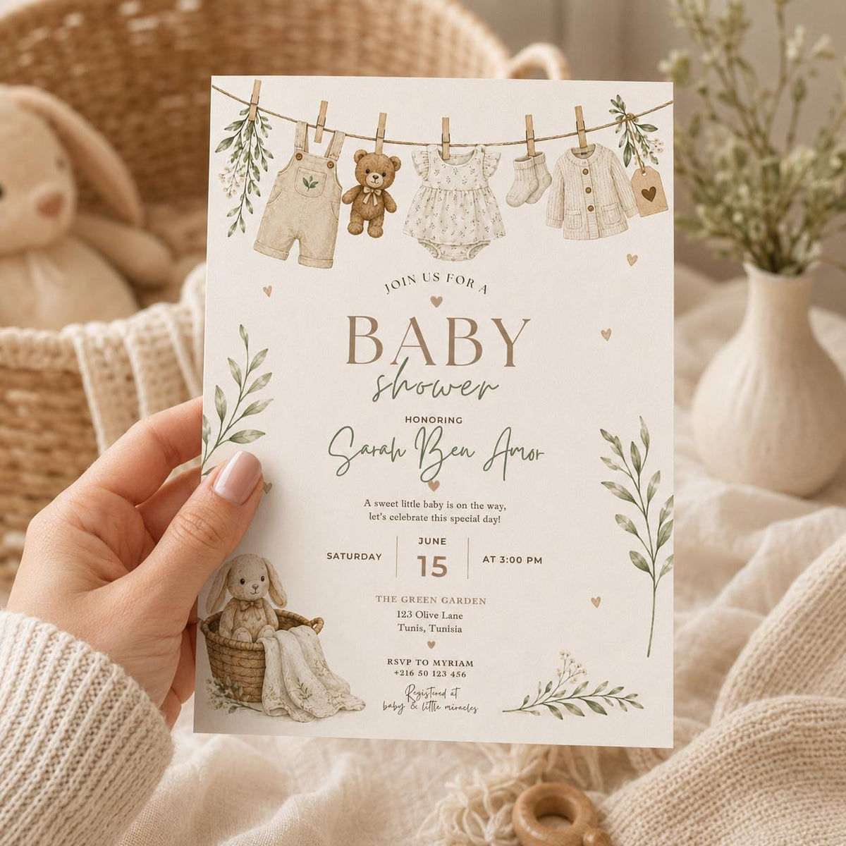 Editable Honey Bear Baby Shower Invitation Canva Template, Green Beige Boho Kids Bear Cute Fun DIY Party Invite, Printable Digital Download.
