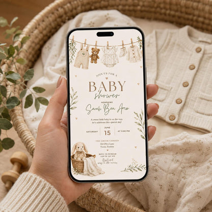 Editable Honey Bear Baby Shower Invitation Canva Template, Green Beige Boho Kids Bear Cute Fun DIY Party Invite, Printable Digital Download.