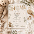 Editable Honey Bear Baby Shower Invitation Canva Template, Green Beige Boho Kids Bear Cute Fun DIY Party Invite, Printable Digital Download.