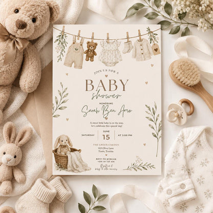 Editable Honey Bear Baby Shower Invitation Canva Template, Green Beige Boho Kids Bear Cute Fun DIY Party Invite, Printable Digital Download.