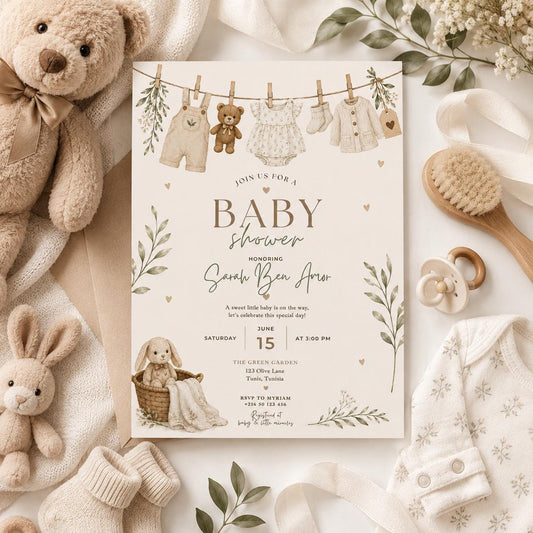 Editable Honey Bear Baby Shower Invitation Canva Template, Green Beige Boho Kids Bear Cute Fun DIY Party Invite, Printable Digital Download.