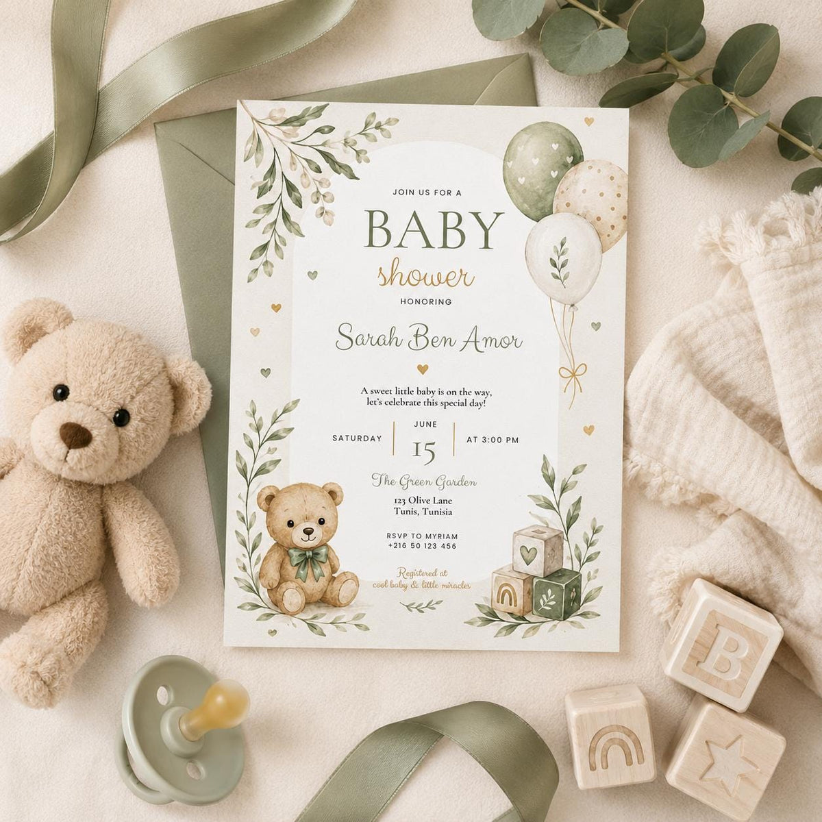 Editable Honey Bear Baby Shower Invitation Canva Template, Green Beige Boho Kids Bear Cute Fun DIY Party Invite, Printable Digital Download.