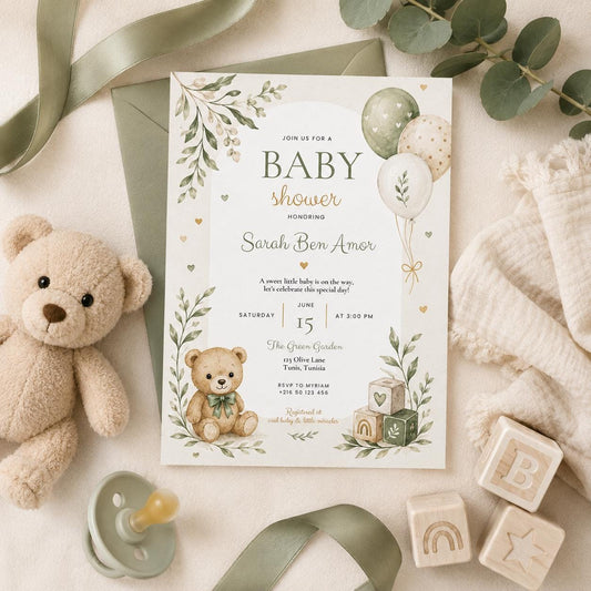 Editable Honey Bear Baby Shower Invitation Canva Template, Green Beige Boho Kids Bear Cute Fun DIY Party Invite, Printable Digital Download.