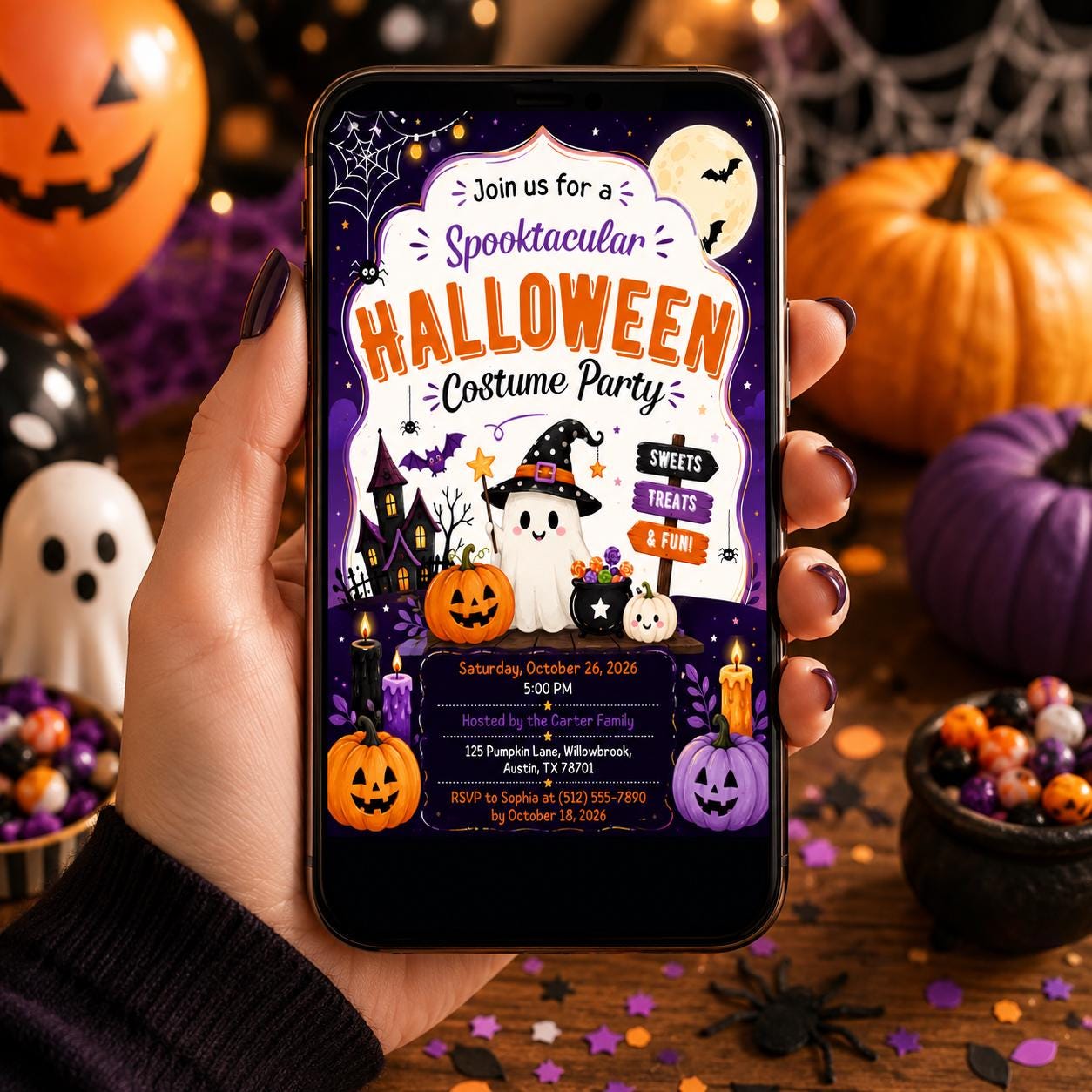 Halloween Costume Party Invitation, Cute Ghost Party Invite, Editable Canva Template, Kids Spooky Celebration Printable, Instant Download