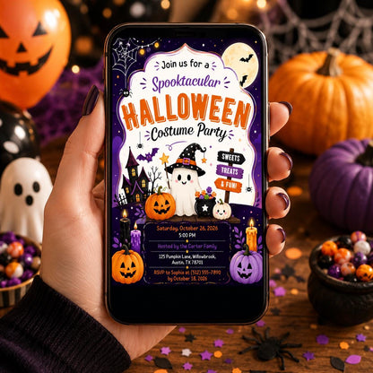 Halloween Costume Party Invitation, Cute Ghost Party Invite, Editable Canva Template, Kids Spooky Celebration Printable, Instant Download