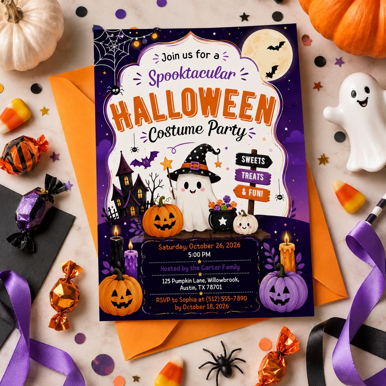 Halloween Costume Party Invitation, Cute Ghost Party Invite, Editable Canva Template, Kids Spooky Celebration Printable, Instant Download