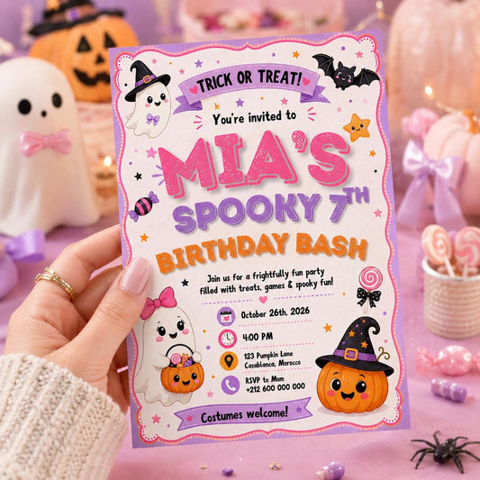Pink Halloween Birthday Invitation, Cute Ghost Costume Party Invite, Editable Canva Template, Girls Spooky Birthday Printable