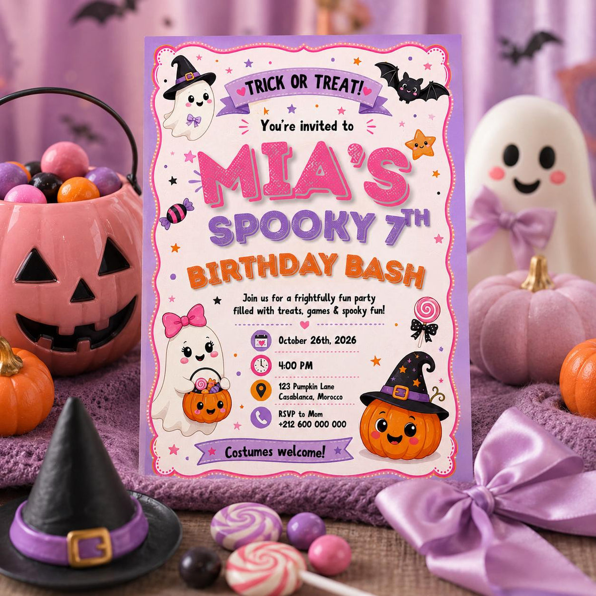 Pink Halloween Birthday Invitation, Cute Ghost Costume Party Invite, Editable Canva Template, Girls Spooky Birthday Printable