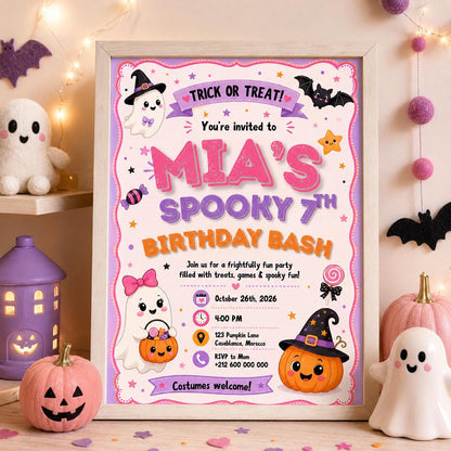 Pink Halloween Birthday Invitation, Cute Ghost Costume Party Invite, Editable Canva Template, Girls Spooky Birthday Printable