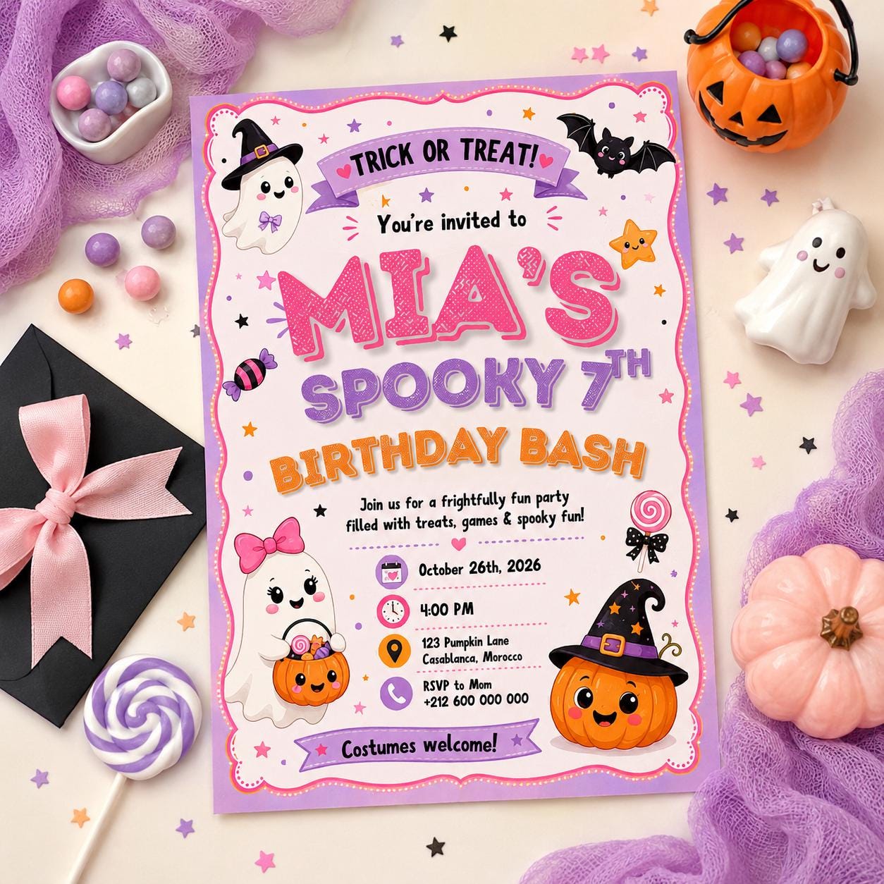 Pink Halloween Birthday Invitation, Cute Ghost Costume Party Invite, Editable Canva Template, Girls Spooky Birthday Printable
