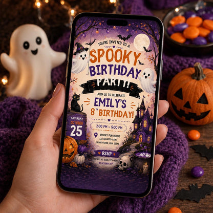 Spooky Birthday Party Invitation, Halloween Ghost Invite, Haunted House Party, Editable Canva Template, Kids Printable Invite