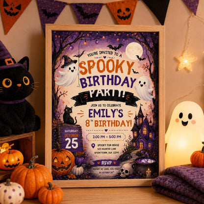 Spooky Birthday Party Invitation, Halloween Ghost Invite, Haunted House Party, Editable Canva Template, Kids Printable Invite
