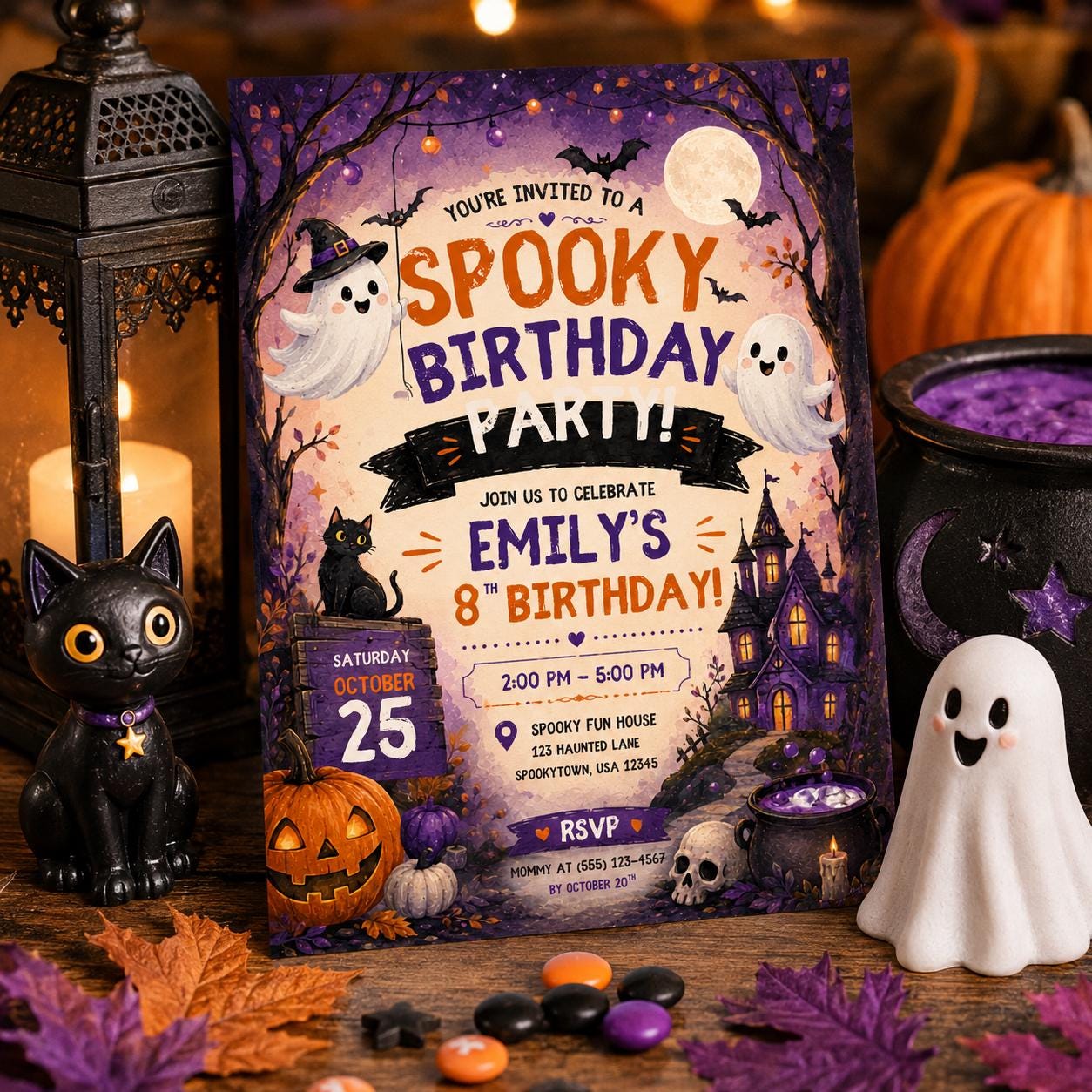 Spooky Birthday Party Invitation, Halloween Ghost Invite, Haunted House Party, Editable Canva Template, Kids Printable Invite