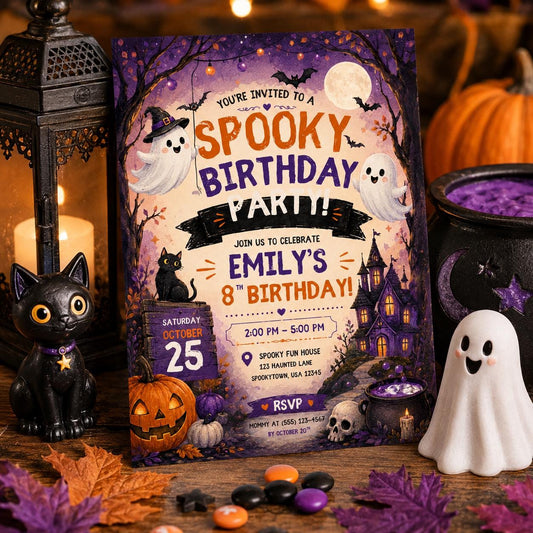 Spooky Birthday Party Invitation, Halloween Ghost Invite, Haunted House Party, Editable Canva Template, Kids Printable Invite
