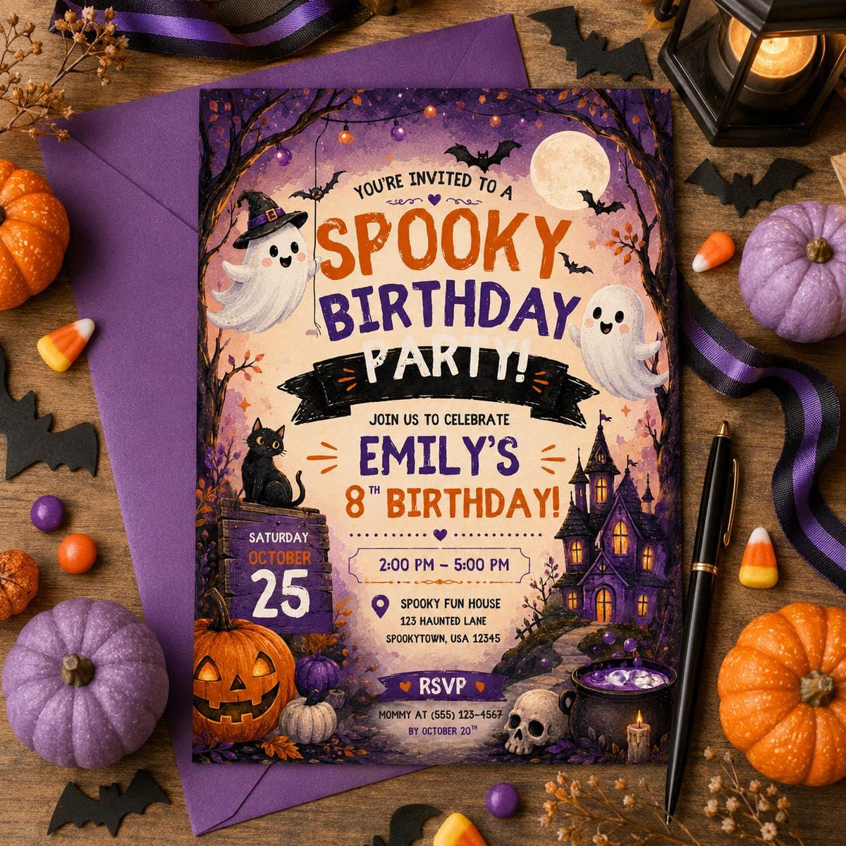 Spooky Birthday Party Invitation, Halloween Ghost Invite, Haunted House Party, Editable Canva Template, Kids Printable Invite