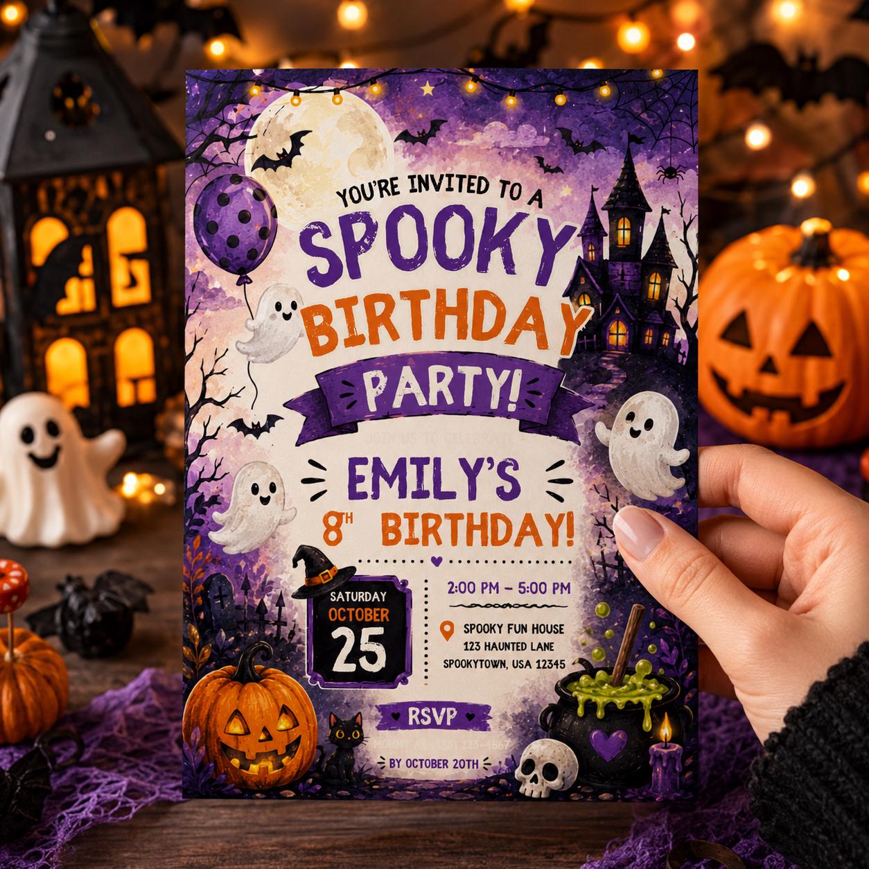 Spooky Halloween Birthday Invitation, Cute Ghost Party Invite, Haunted House Kids Birthday, Editable Canva Template, Printable Invite