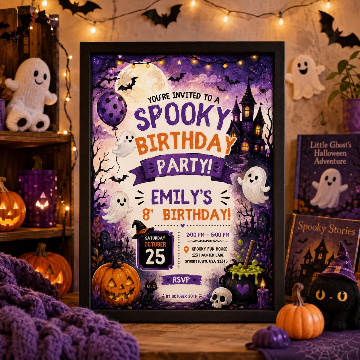 Spooky Halloween Birthday Invitation, Cute Ghost Party Invite, Haunted House Kids Birthday, Editable Canva Template, Printable Invite