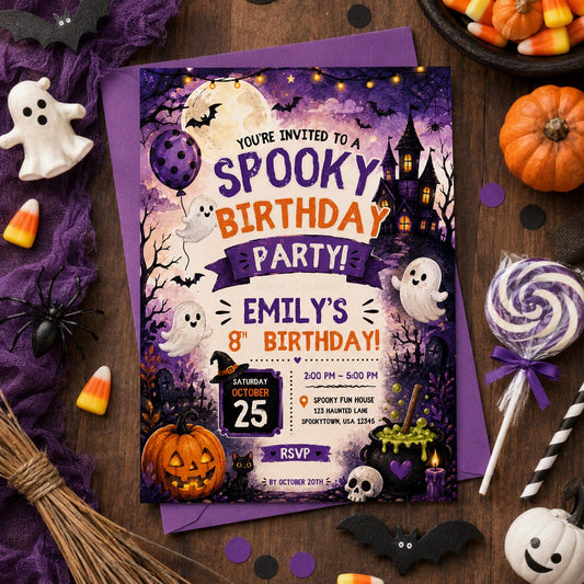 Spooky Halloween Birthday Invitation, Cute Ghost Party Invite, Haunted House Kids Birthday, Editable Canva Template, Printable Invite