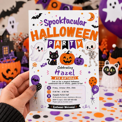 Spooktacular Halloween Birthday Invitation, Cute Ghost Costume Party Invite, Editable Canva Template, Kids Printable Invite