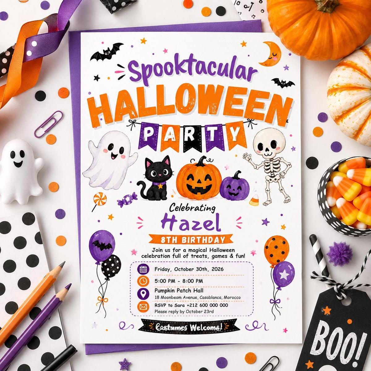 Spooktacular Halloween Birthday Invitation, Cute Ghost Costume Party Invite, Editable Canva Template, Kids Printable Invite