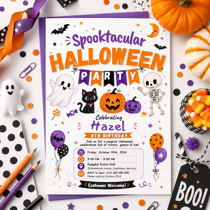 Spooktacular Halloween Birthday Invitation, Cute Ghost Costume Party Invite, Editable Canva Template, Kids Printable Invite