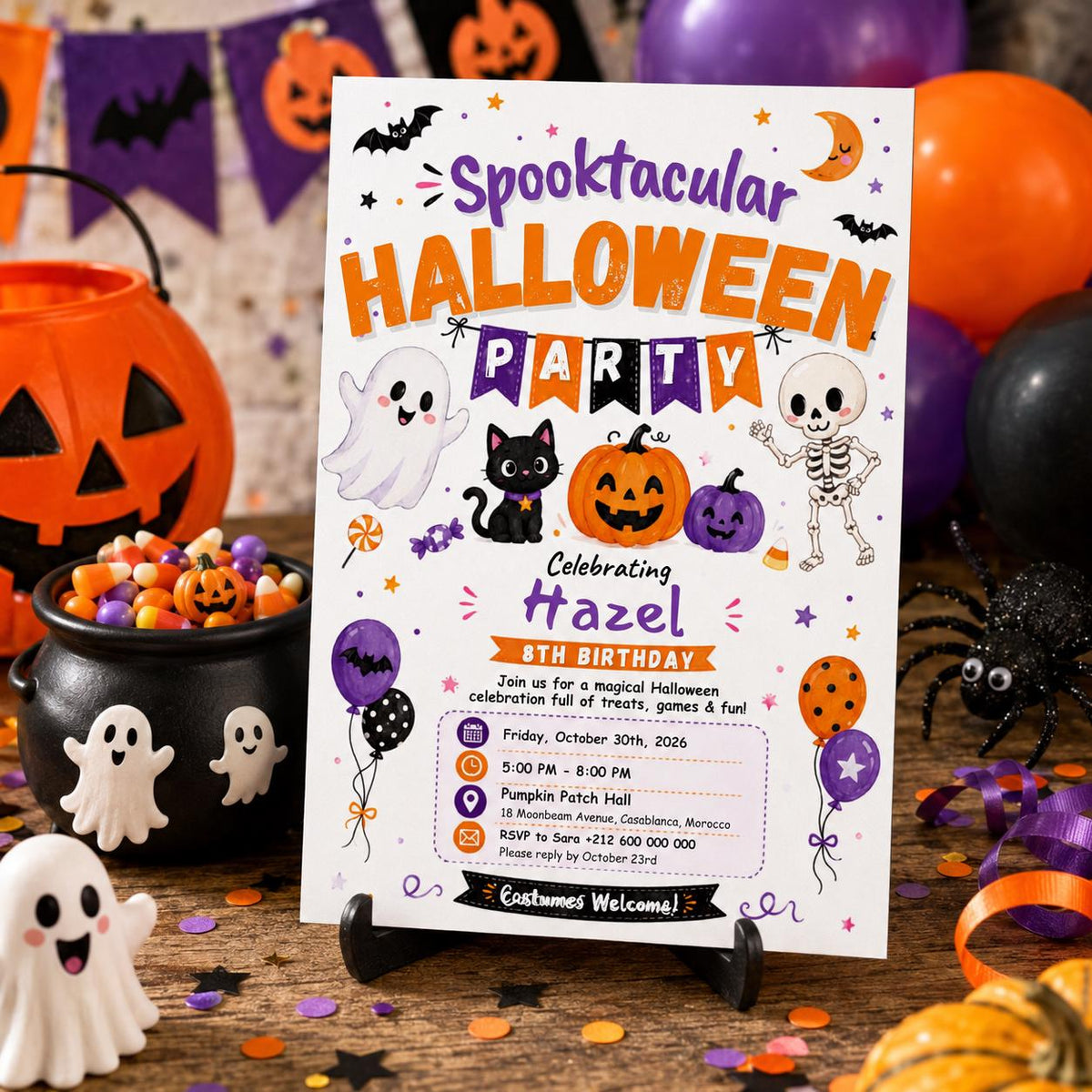 Spooktacular Halloween Birthday Invitation, Cute Ghost Costume Party Invite, Editable Canva Template, Kids Printable Invite