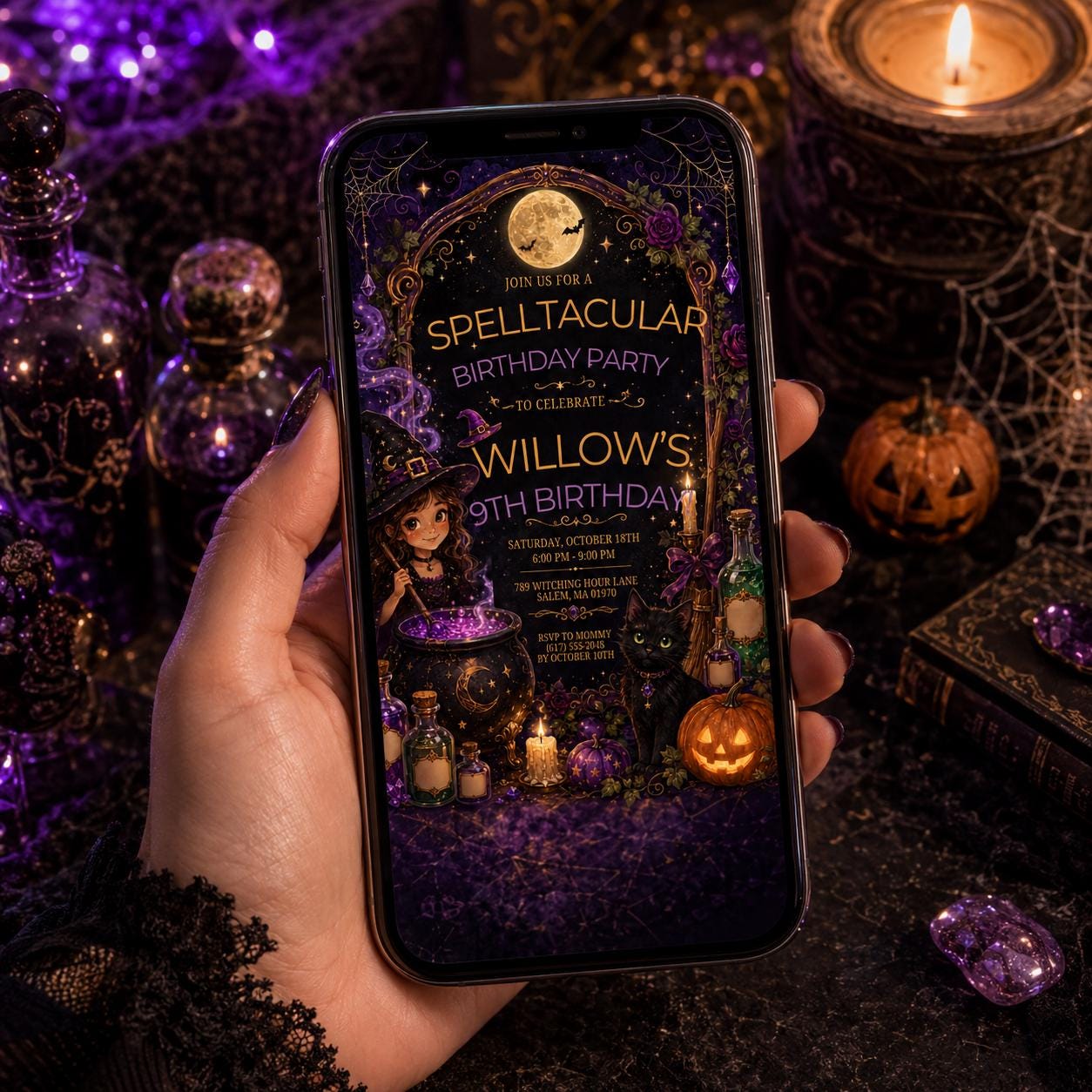 Witch Birthday Invitation, Spelltacular Halloween Party Invite, Purple Gothic Witch Digital Invite, Editable Canva Template