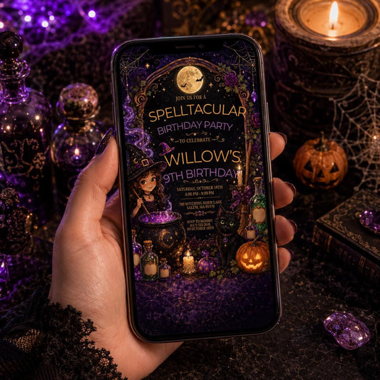 Witch Birthday Invitation, Spelltacular Halloween Party Invite, Purple Gothic Witch Digital Invite, Editable Canva Template