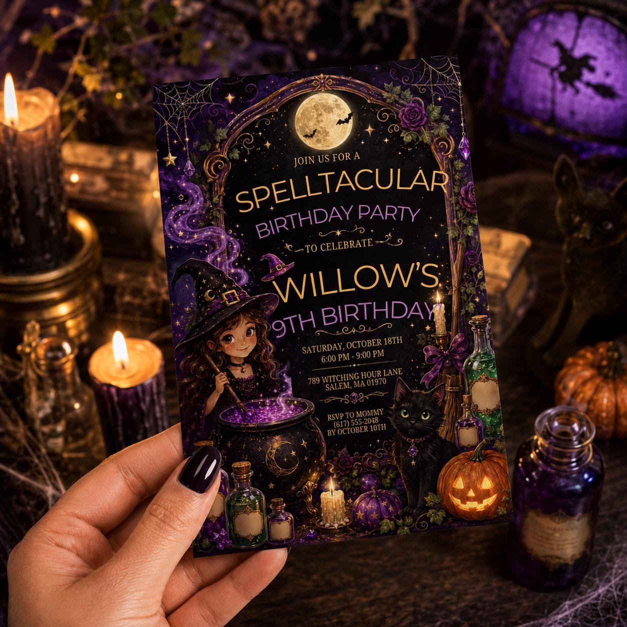 Witch Birthday Invitation, Spelltacular Halloween Party Invite, Purple Gothic Witch Digital Invite, Editable Canva Template
