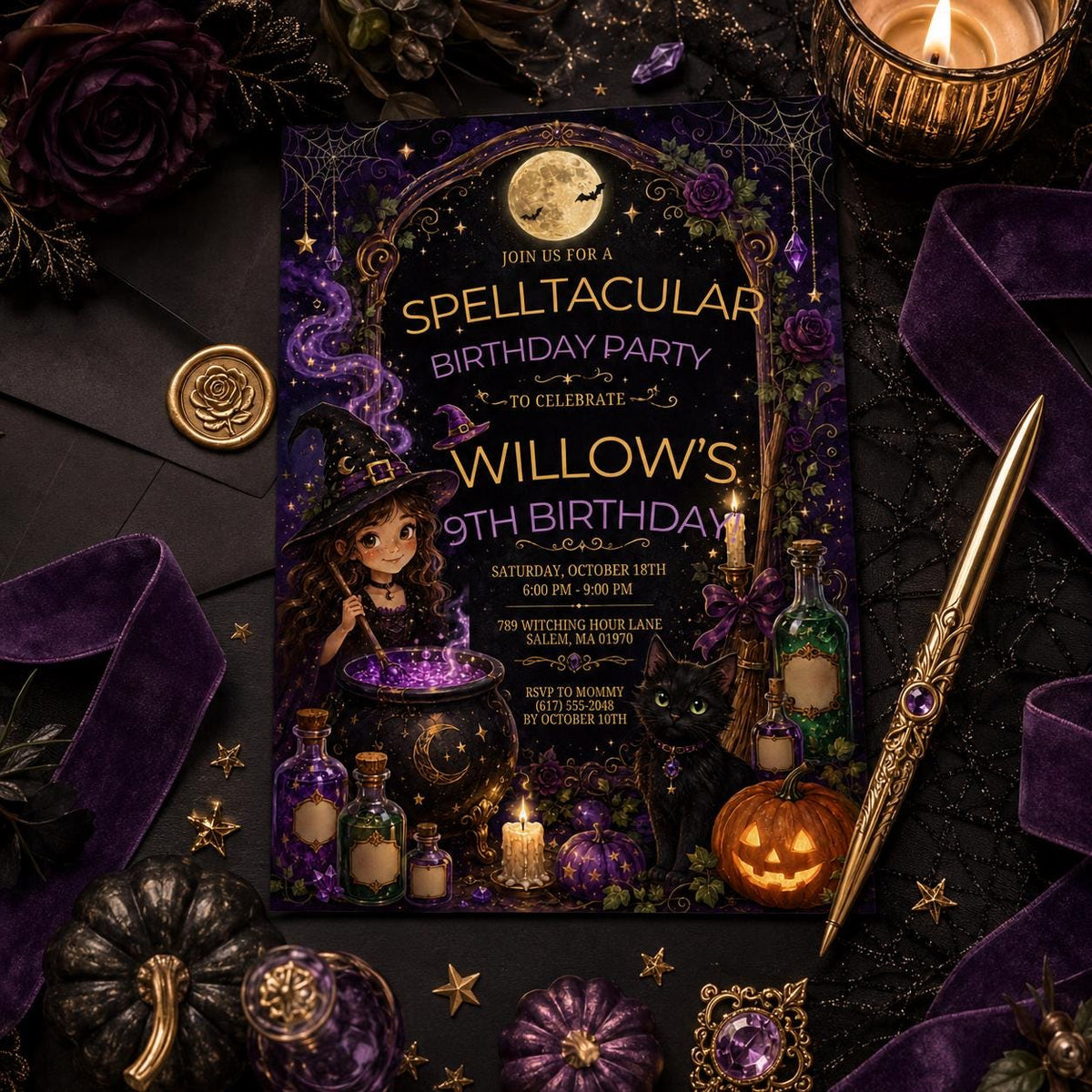 Witch Birthday Invitation, Spelltacular Halloween Party Invite, Purple Gothic Witch Digital Invite, Editable Canva Template