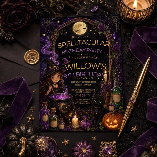 Witch Birthday Invitation, Spelltacular Halloween Party Invite, Purple Gothic Witch Digital Invite, Editable Canva Template
