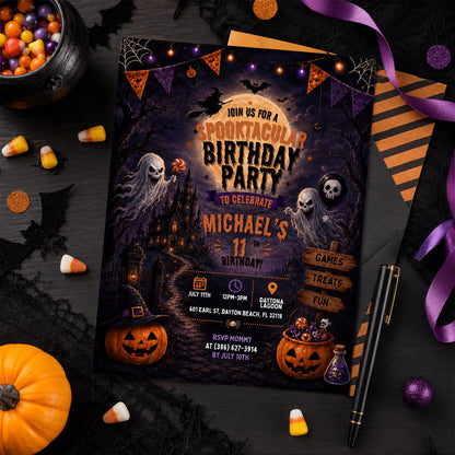Scary Halloween Birthday Invitation, Haunted House Ghost Party Invite, Spooky Kids Birthday, Editable Canva Template, Instant Download