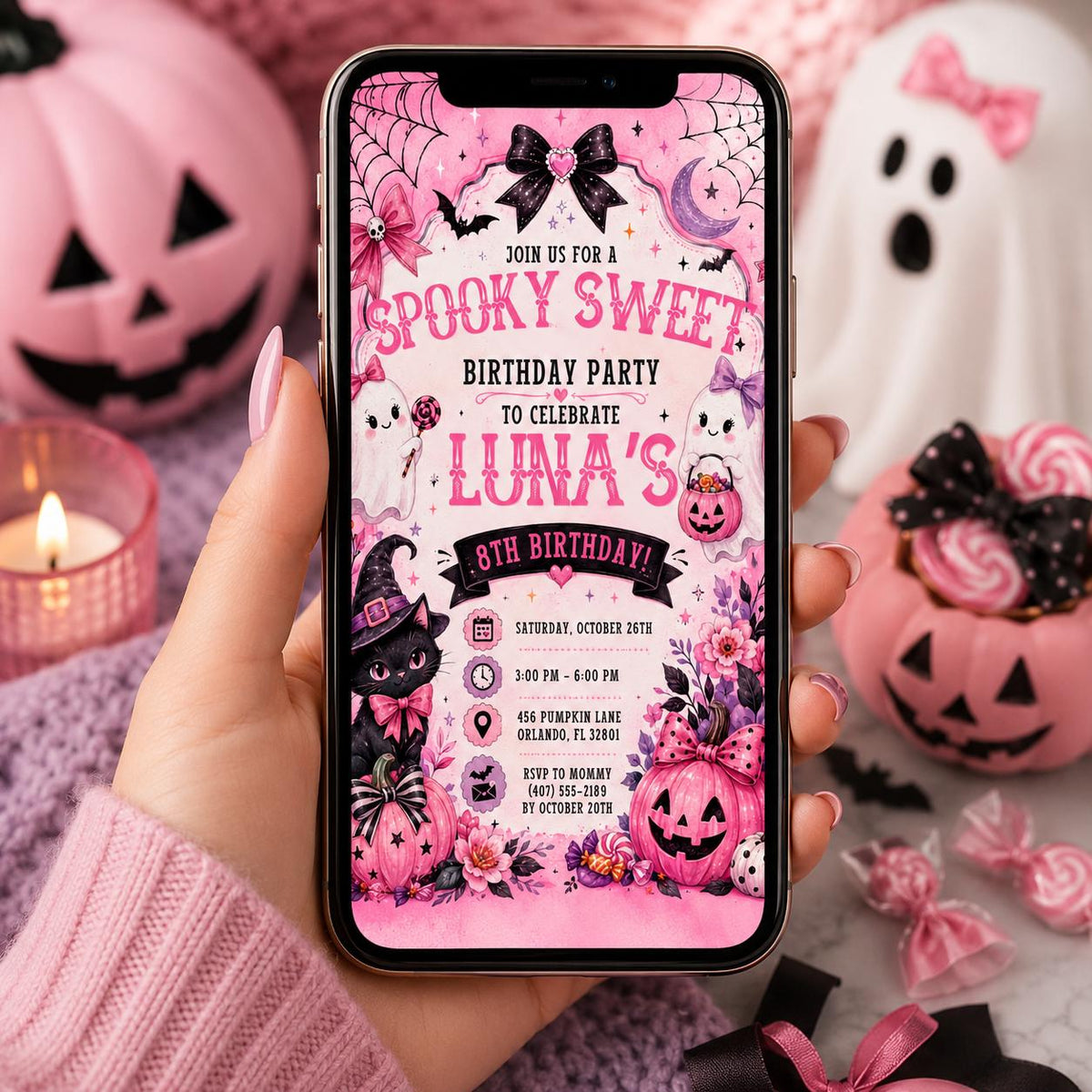 Pink Halloween Birthday Invitation, Spooky Sweet Ghost Party Invite, Girls Halloween Party, Editable Canva Template, Printable Invite