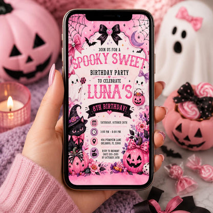 Pink Halloween Birthday Invitation, Spooky Sweet Ghost Party Invite, Girls Halloween Party, Editable Canva Template, Printable Invite