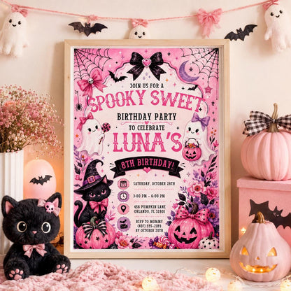Pink Halloween Birthday Invitation, Spooky Sweet Ghost Party Invite, Girls Halloween Party, Editable Canva Template, Printable Invite
