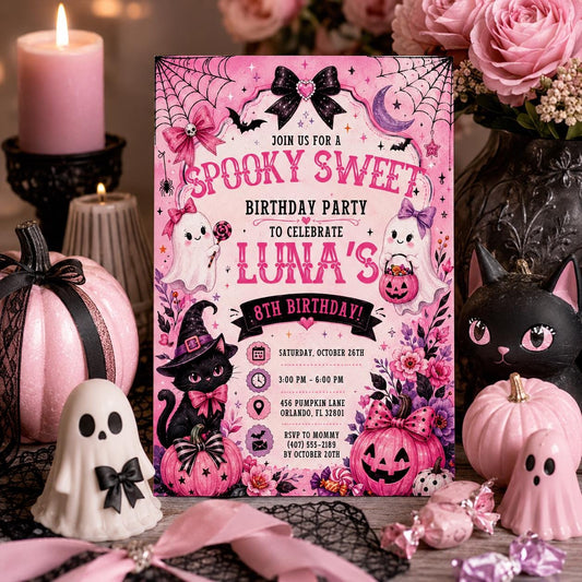 Pink Halloween Birthday Invitation, Spooky Sweet Ghost Party Invite, Girls Halloween Party, Editable Canva Template, Printable Invite