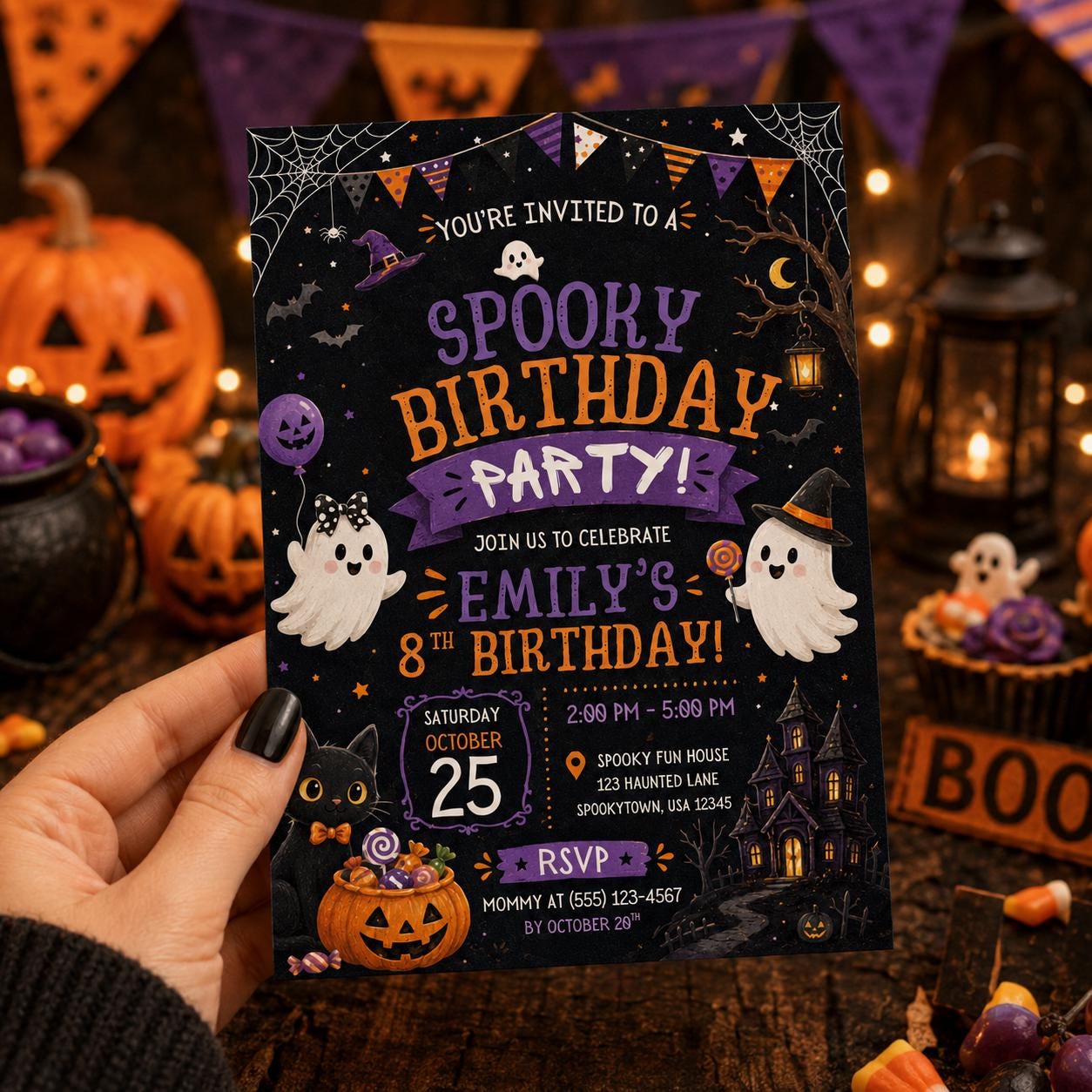 Spooky Halloween Birthday Invitation, Cute Ghost Party Invite, Editable Canva Template, Kids Costume Party, Instant Download