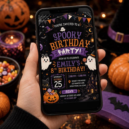 Spooky Halloween Birthday Invitation, Cute Ghost Party Invite, Editable Canva Template, Kids Costume Party, Instant Download