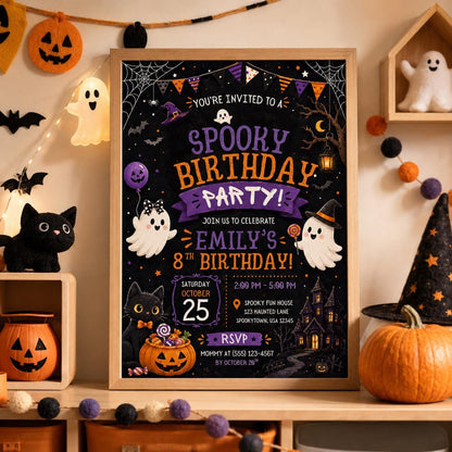 Spooky Halloween Birthday Invitation, Cute Ghost Party Invite, Editable Canva Template, Kids Costume Party, Instant Download