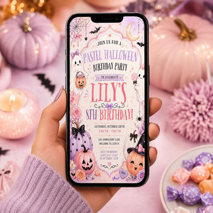 Pastel Halloween Birthday Invitation, Pink Ghost Party Invite, Girls Spooky Birthday, Editable Canva Template, Instant Download