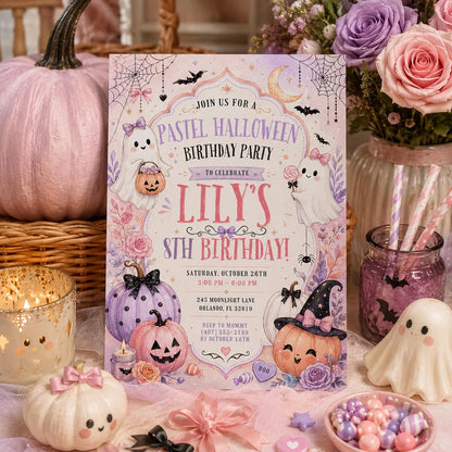 Pastel Halloween Birthday Invitation, Pink Ghost Party Invite, Girls Spooky Birthday, Editable Canva Template, Instant Download