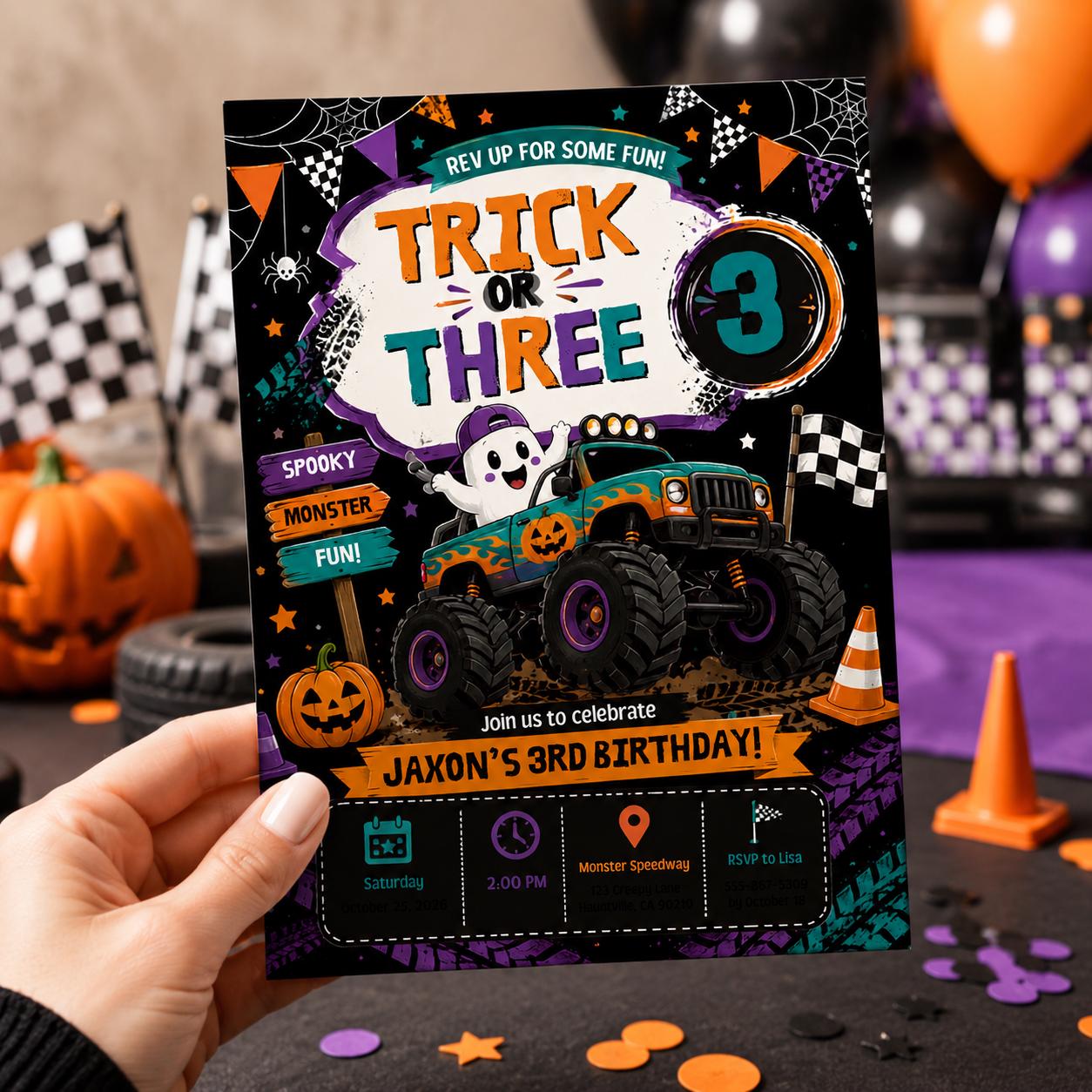 Halloween Monster Truck 3rd Birthday Invitation, Spooky Racing Party Invite, Editable Canva Template, Instant Download